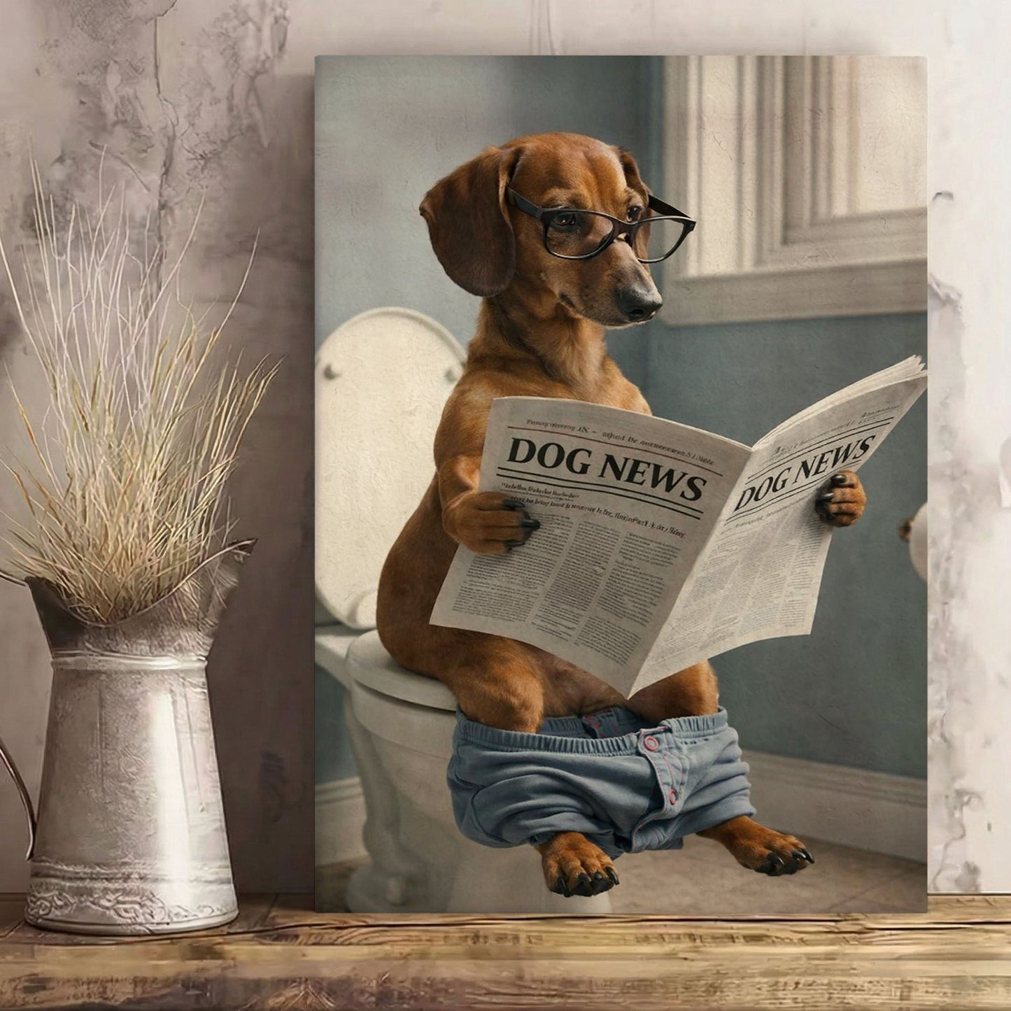 Dog Bathroom Wall Art Print, Dachshund Reading Newspaper on Toilet Canvas