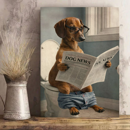 Dog Bathroom Wall Art Print, Dachshund Reading Newspaper on Toilet Canvas