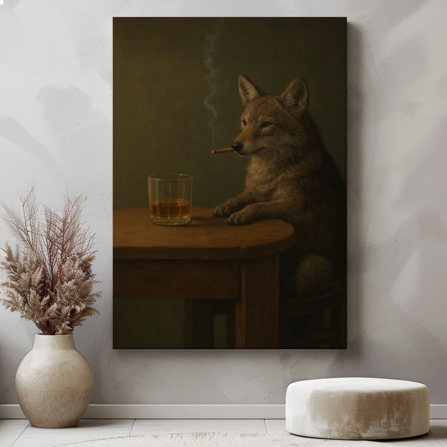 Whiskey Wolf Wall Art Canvas Print, Cigar & Bourbon Bar Decor