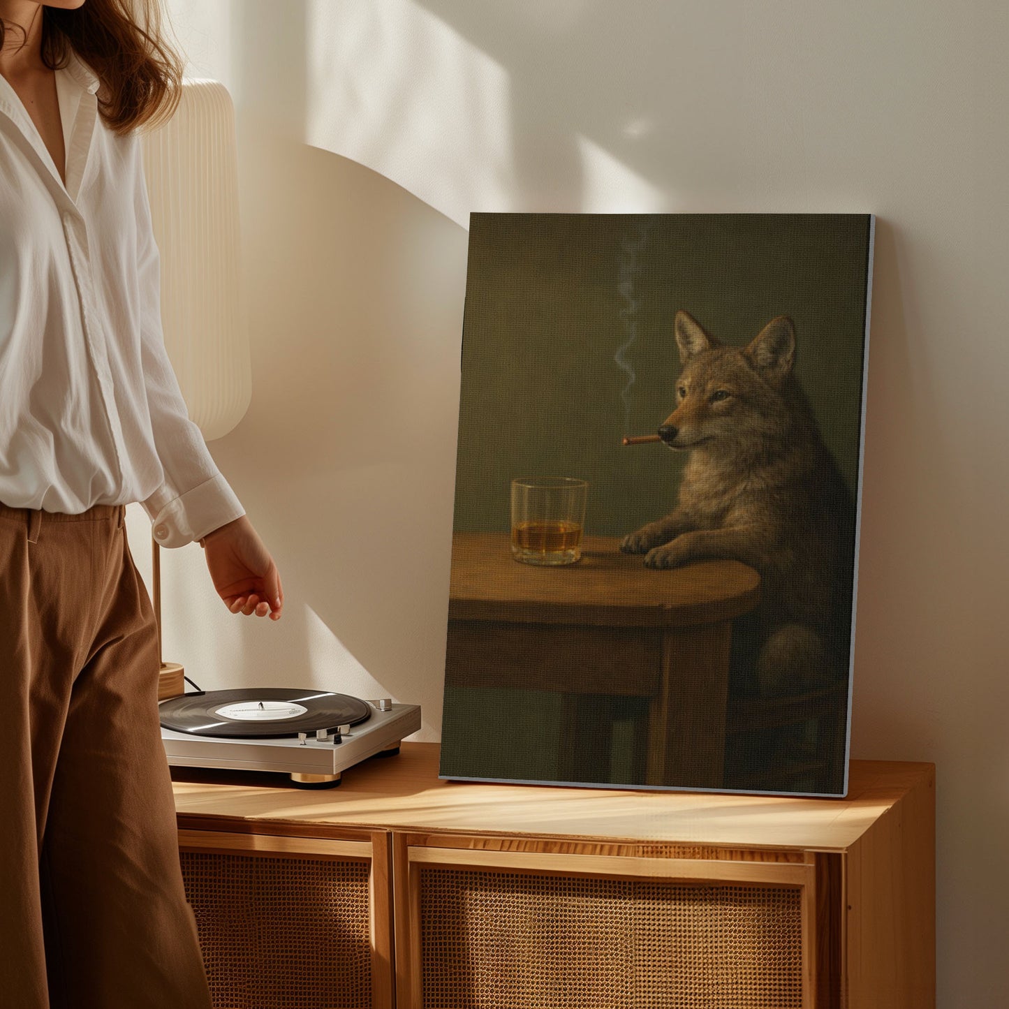 Whiskey Wolf Wall Art Canvas Print, Cigar & Bourbon Bar Decor