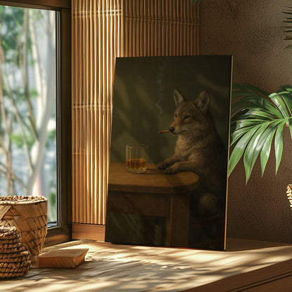 Whiskey Wolf Wall Art Canvas Print, Cigar & Bourbon Bar Decor