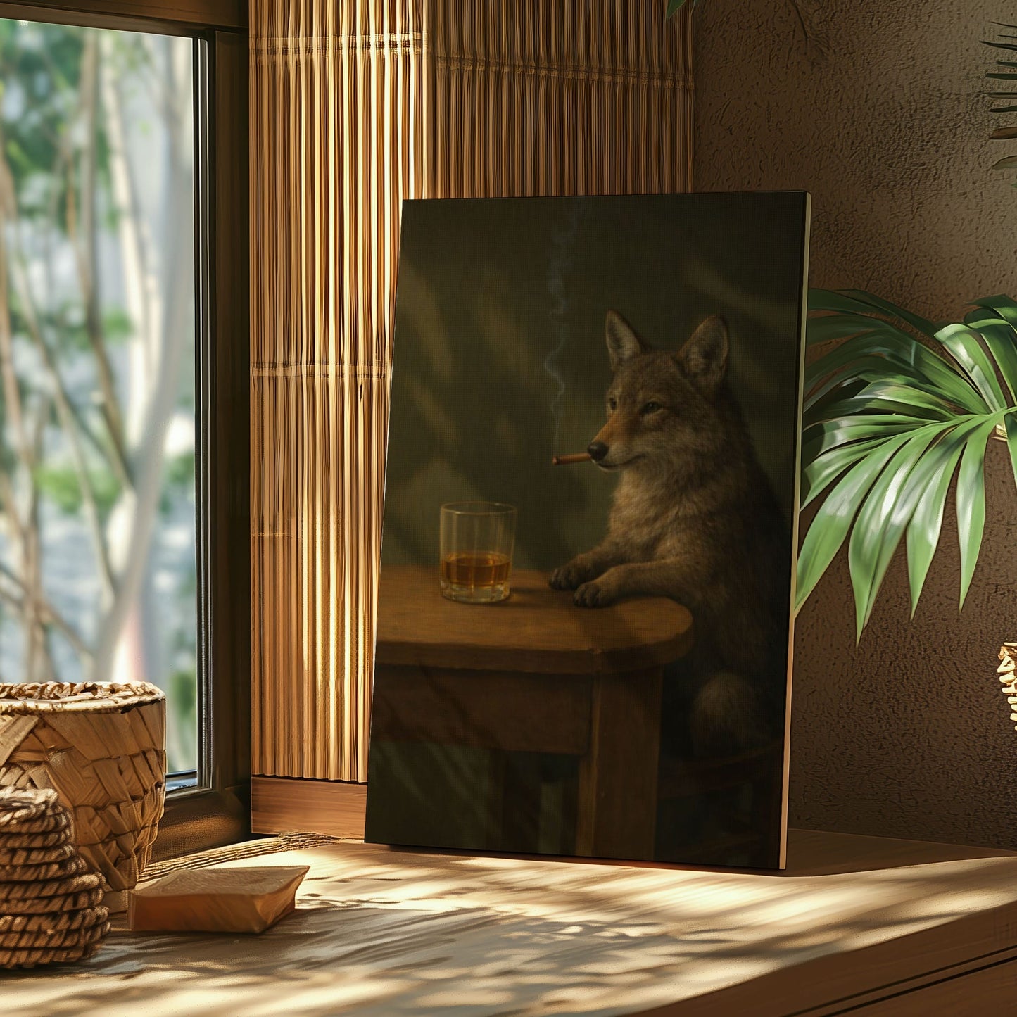 coyote with Cigar Canvas Print Vintage Bar Wall Art