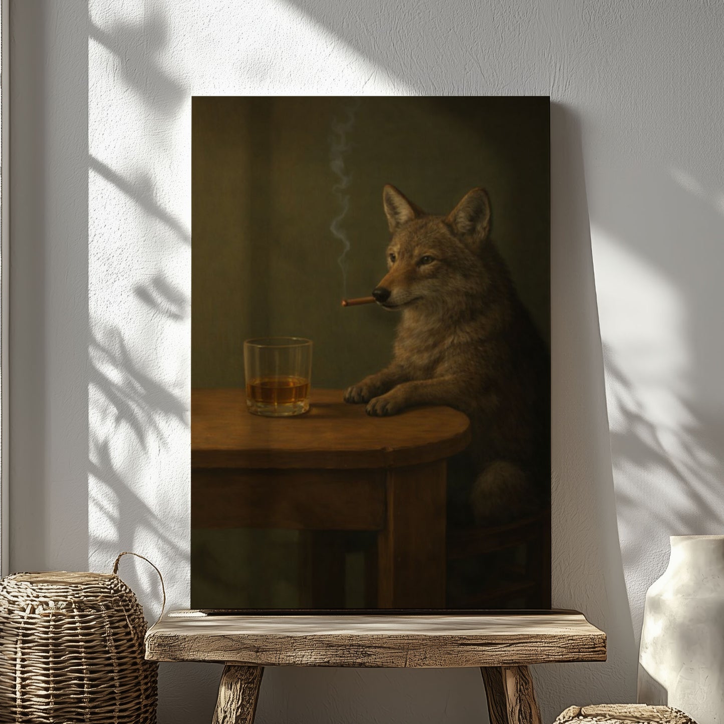 Whiskey Wolf Wall Art Canvas Print, Cigar & Bourbon Bar Decor