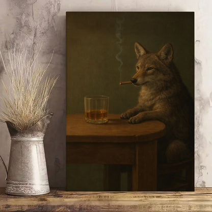 Whiskey Wolf Wall Art Canvas Print, Cigar & Bourbon Bar Decor