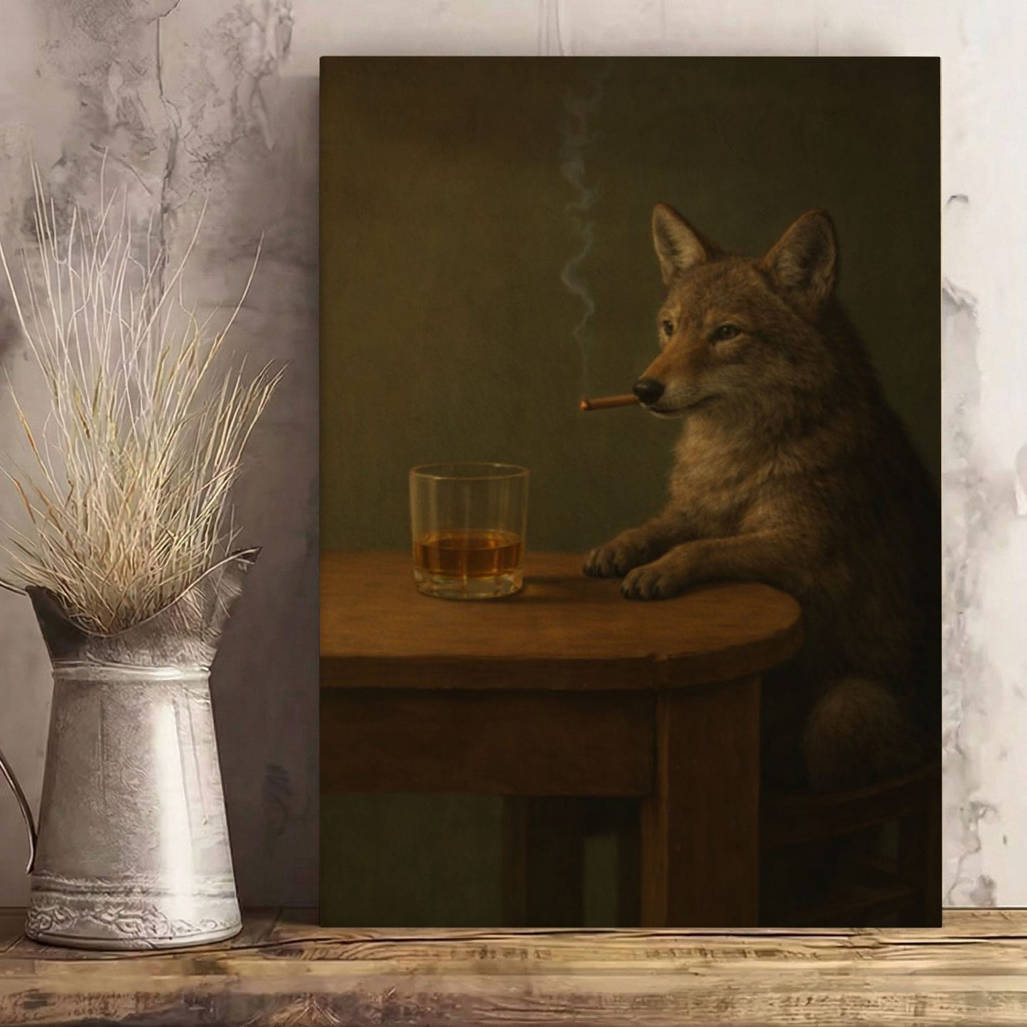 coyote with Cigar Canvas Print Vintage Bar Wall Art