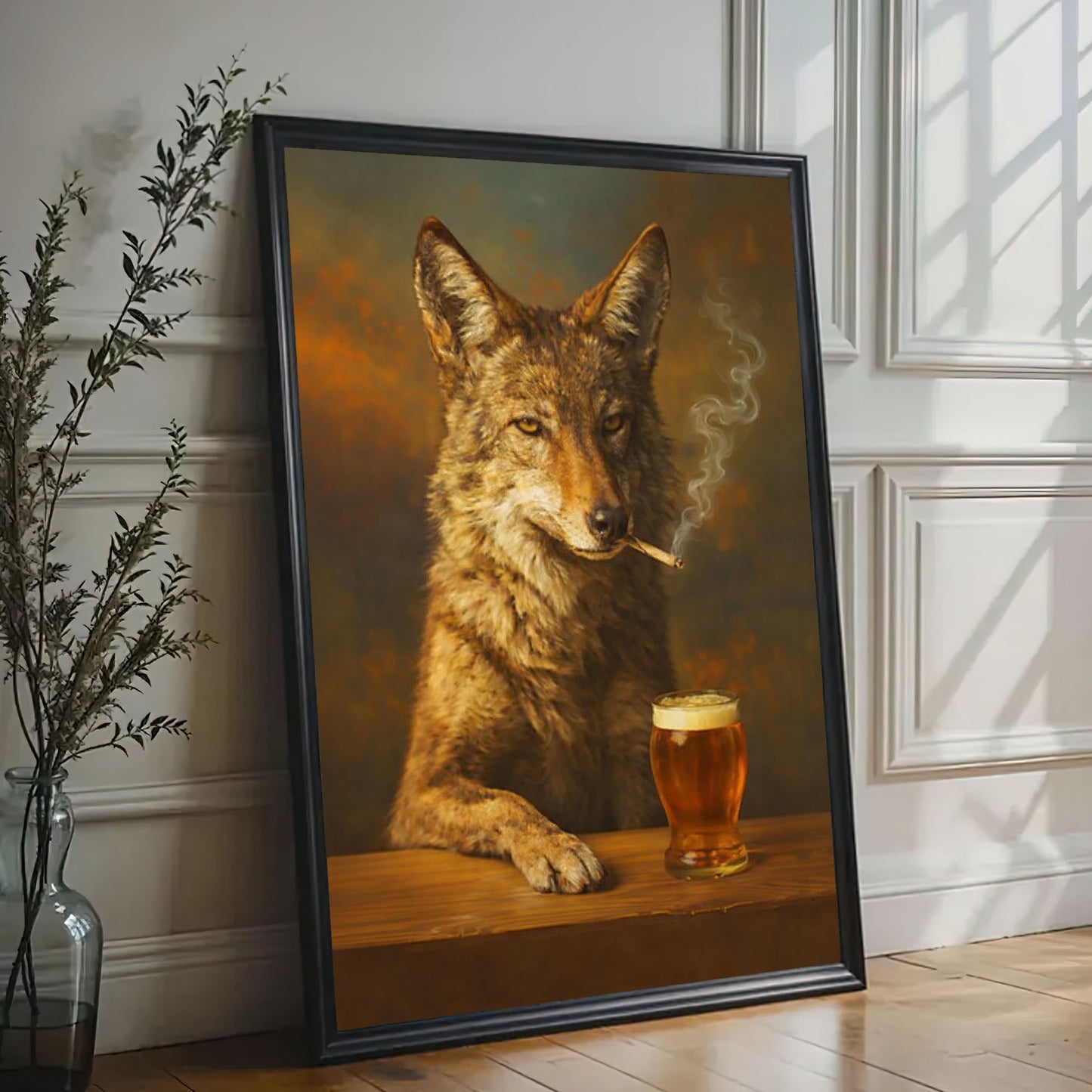 Smoking Coyote Beer Wall Art Canvas Print, Rustic Bar Decor