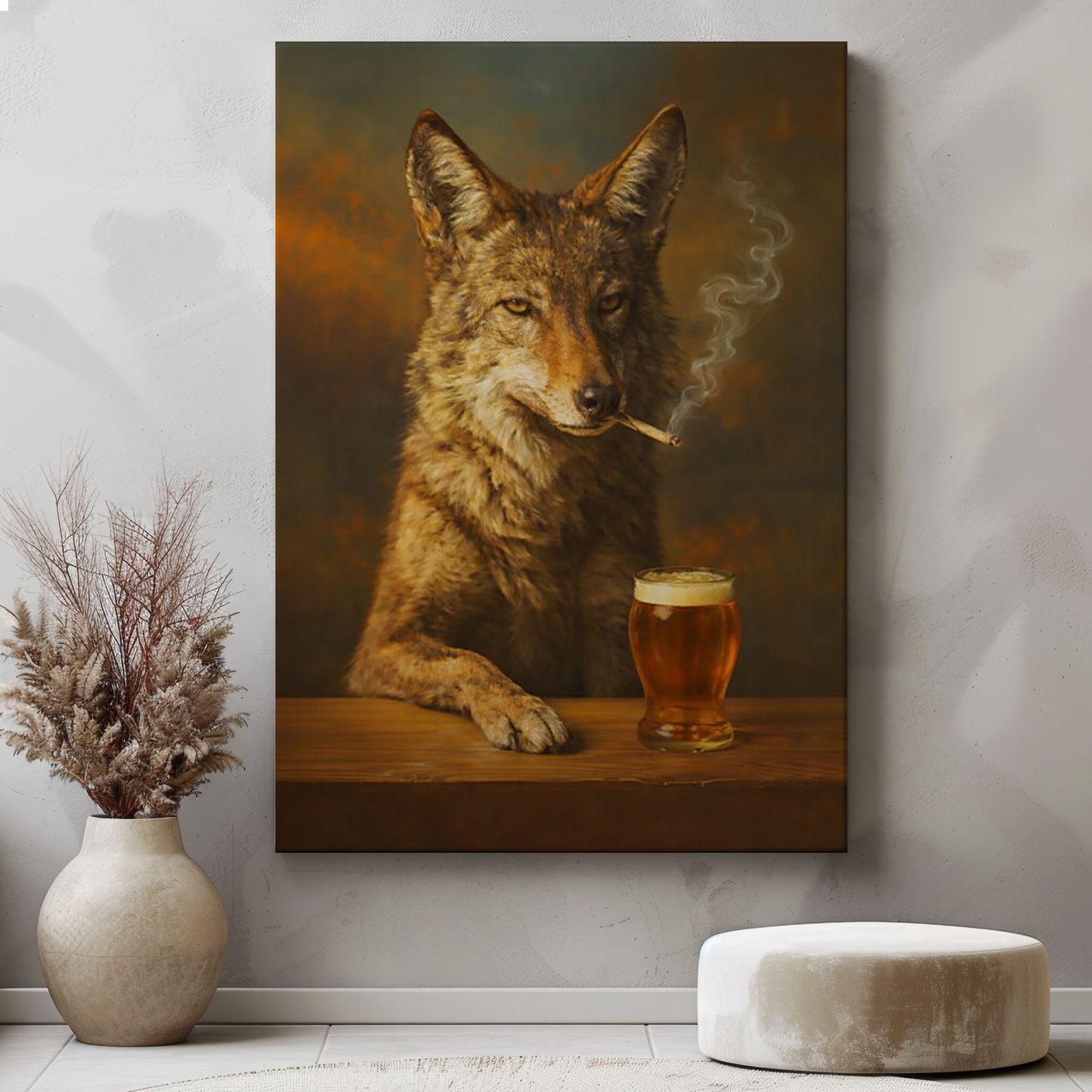Smoking Coyote Beer Wall Art Canvas Print, Rustic Bar Decor