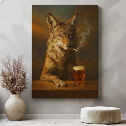 Smoking Coyote Beer Wall Art Canvas Print, Rustic Bar Decor