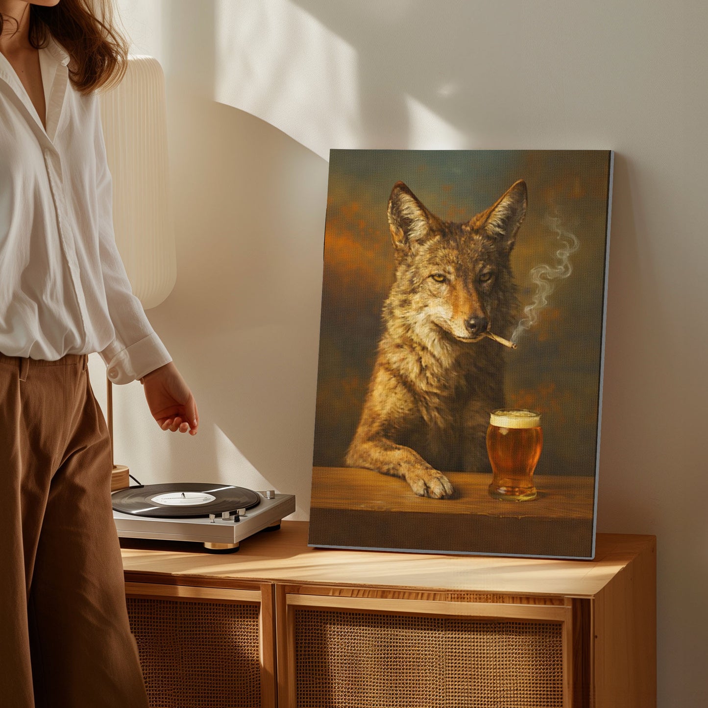 Smoking Coyote Beer Wall Art Canvas Print, Rustic Bar Decor