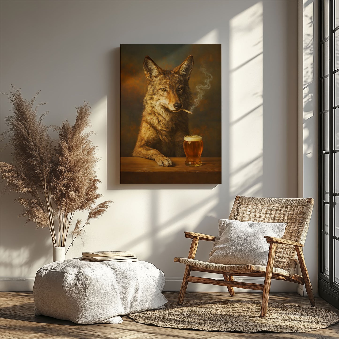 Smoking Coyote Beer Wall Art Canvas Print, Rustic Bar Decor