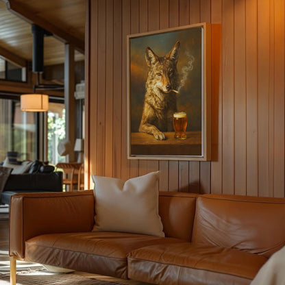 Smoking Coyote Beer Wall Art Canvas Print, Rustic Bar Decor