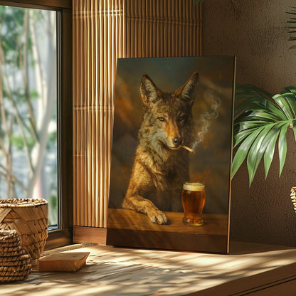 Smoking Coyote Beer Wall Art Canvas Print, Rustic Bar Decor