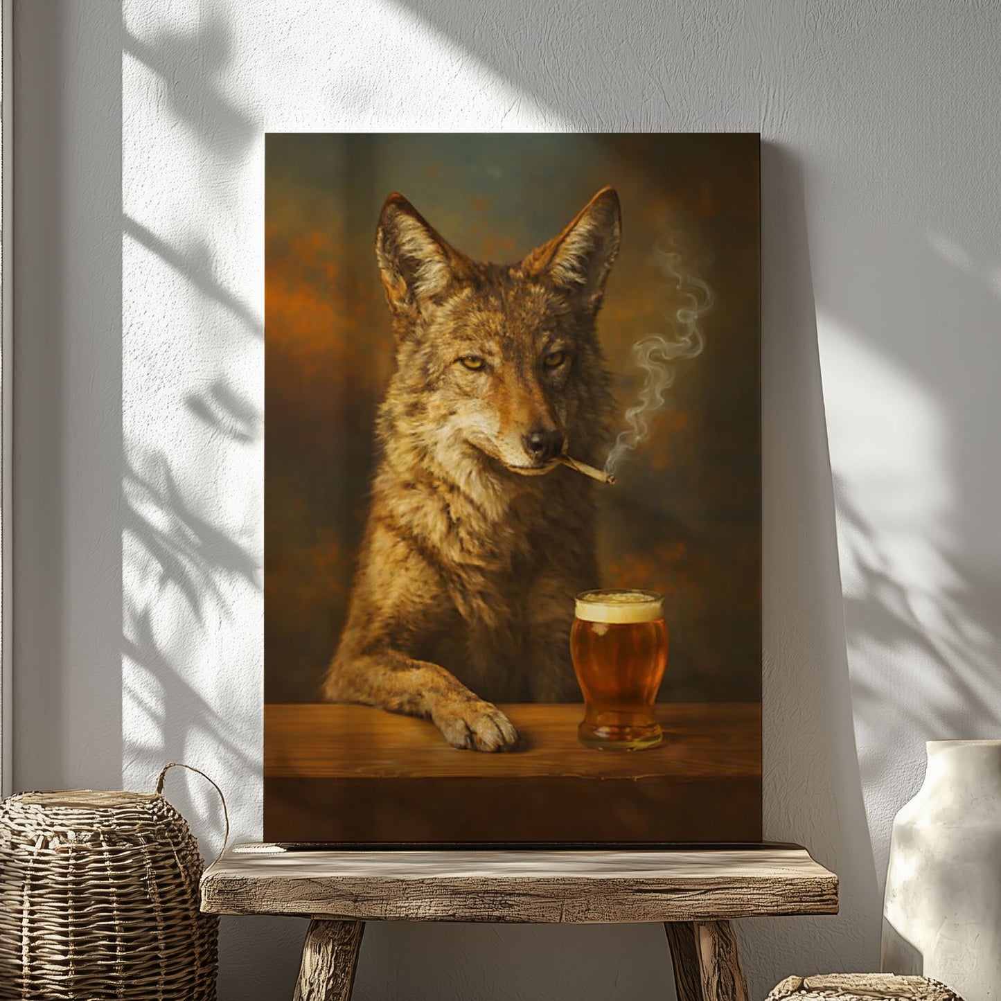 Smoking Coyote Beer Wall Art Canvas Print, Rustic Bar Decor