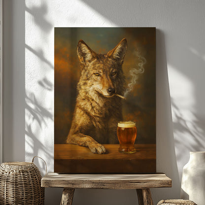 Smoking Coyote Beer Wall Art Canvas Print, Rustic Bar Decor