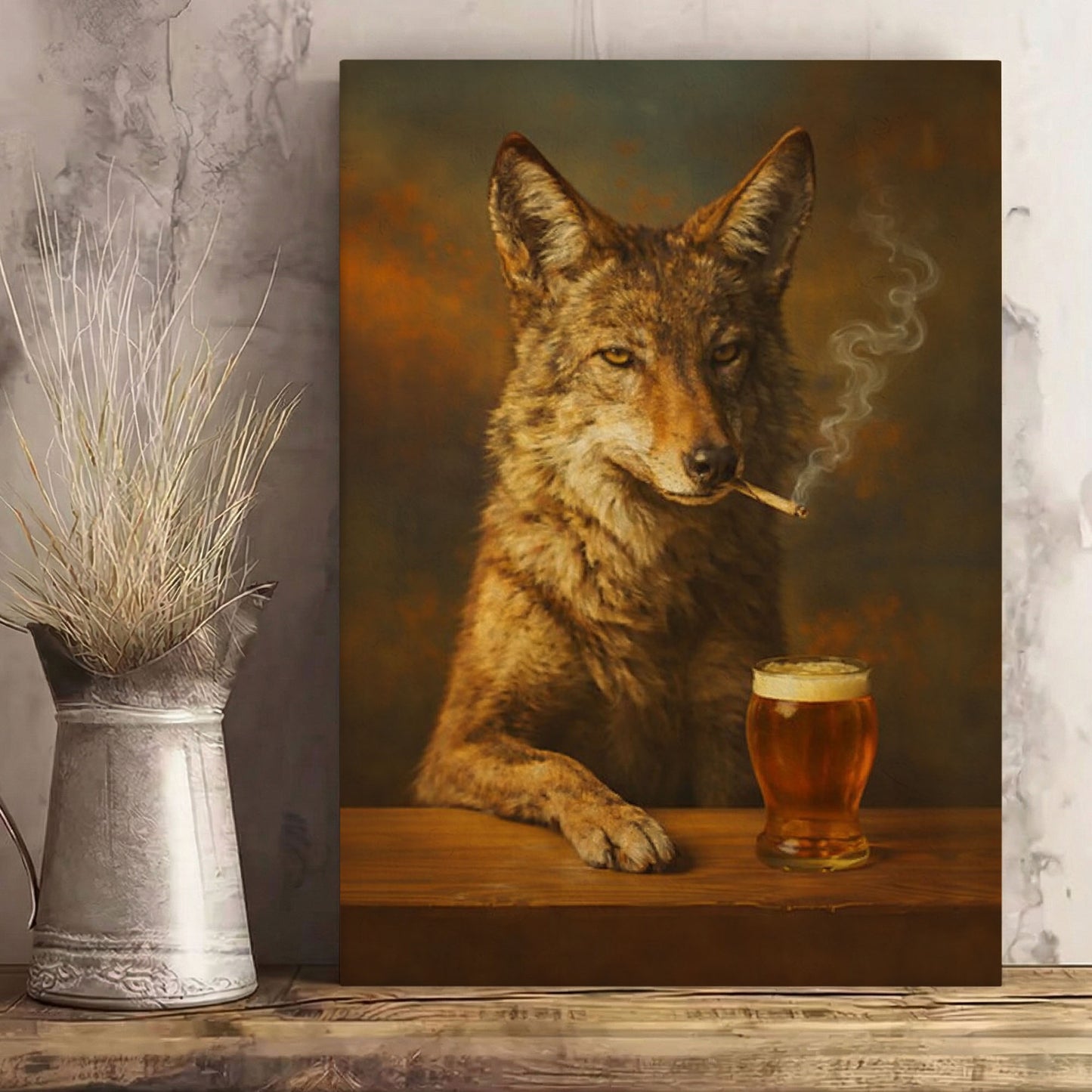 Smoking Coyote Beer Wall Art Canvas Print, Rustic Bar Decor
