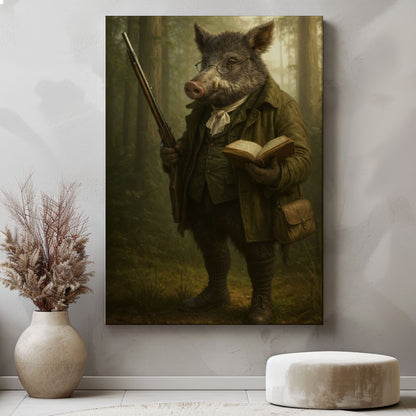 Boar Hunter Portrait Canvas Wall Art, Classic Rustic Cabin Decor