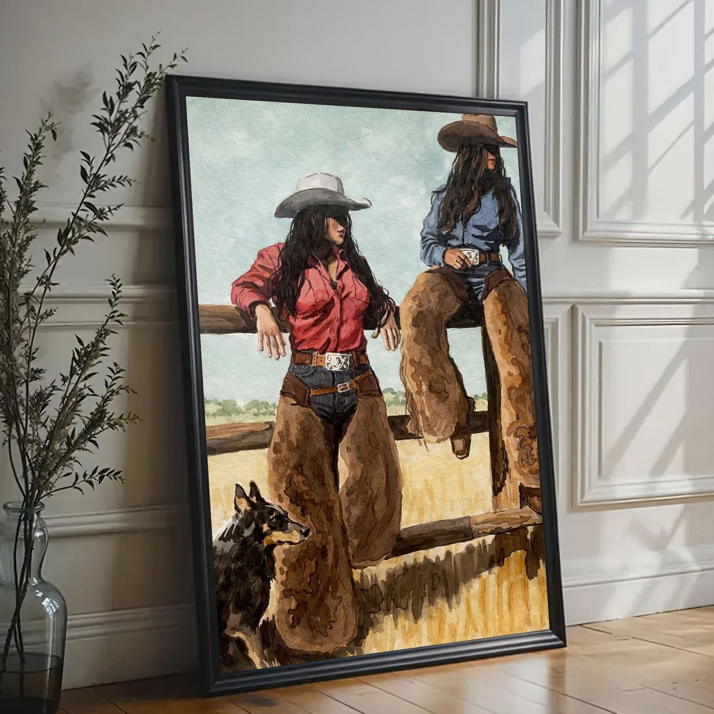 Western Cowgirl Sisters Canvas Print, Rustic Tavern Bar Wall Decor