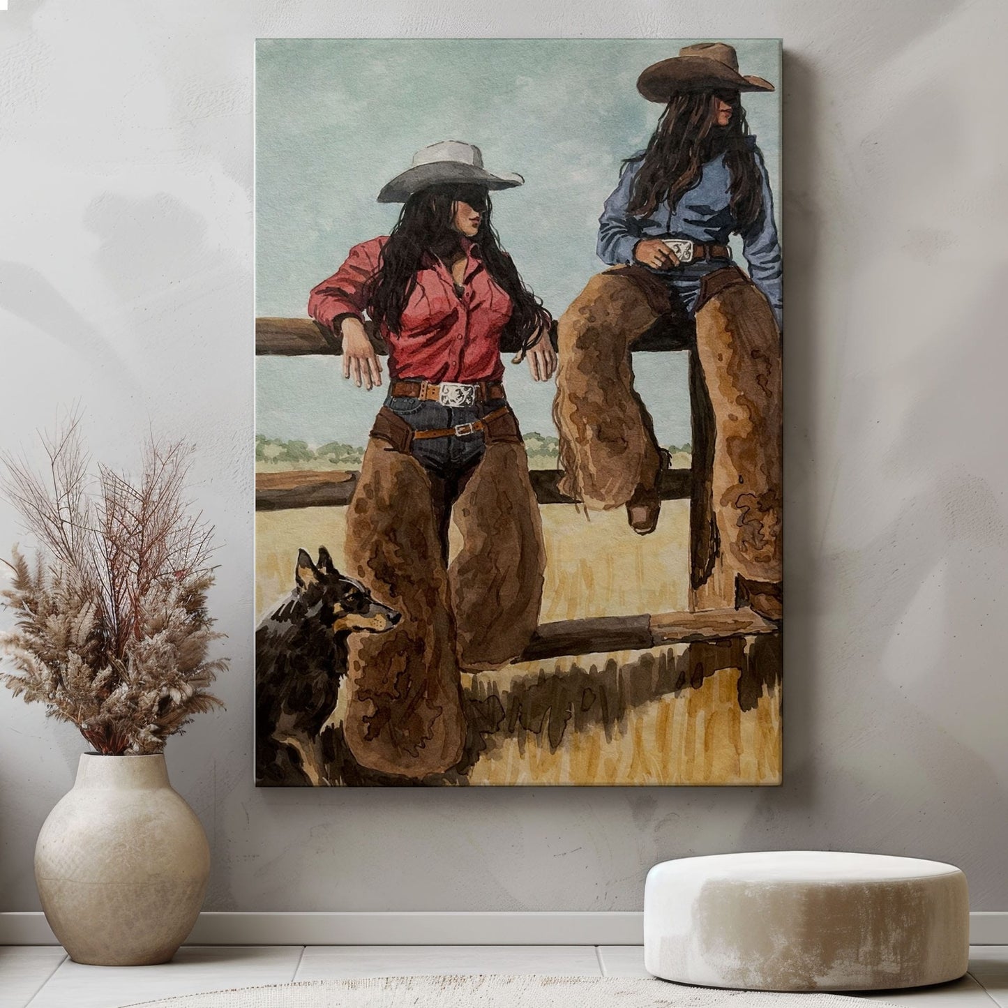 Western Cowgirl Sisters Canvas Print, Rustic Tavern Bar Wall Decor