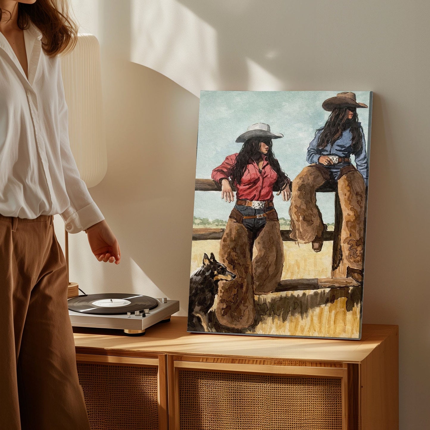 Western Cowgirl Sisters Canvas Print, Rustic Tavern Bar Wall Decor