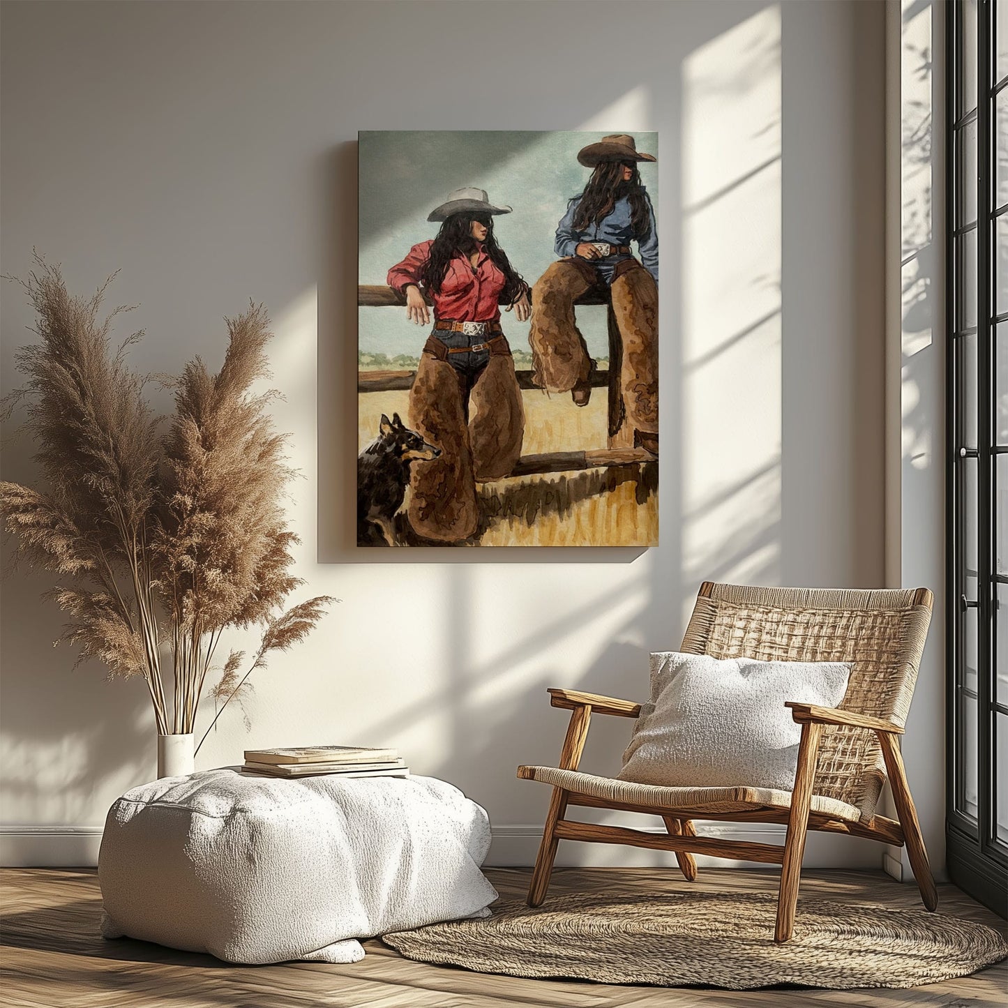 Western Cowgirl Sisters Canvas Print, Rustic Tavern Bar Wall Decor