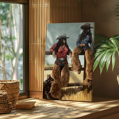 Western Cowgirl Sisters Canvas Print, Rustic Tavern Bar Wall Decor