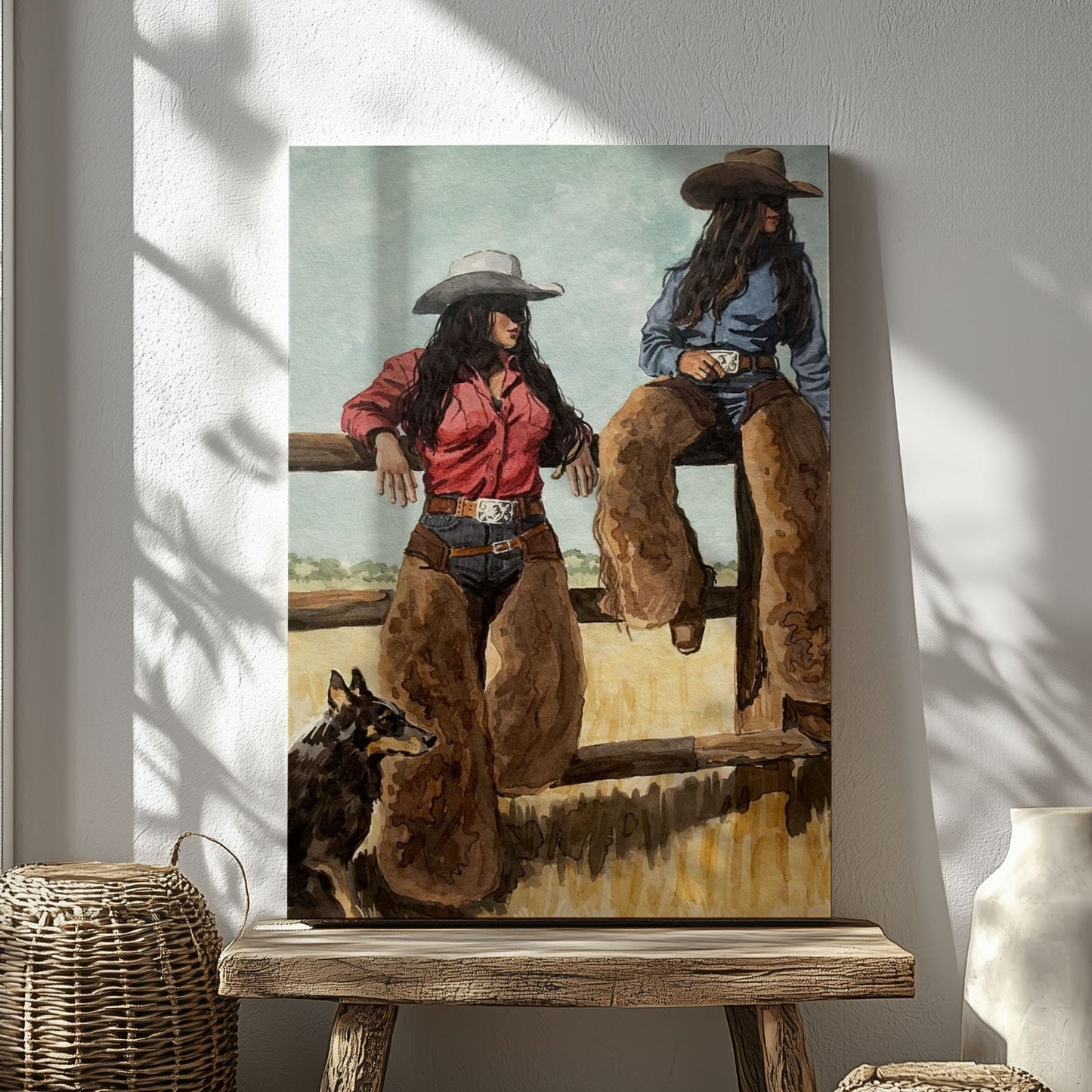 Western Cowgirl Sisters Canvas Print, Rustic Tavern Bar Wall Decor