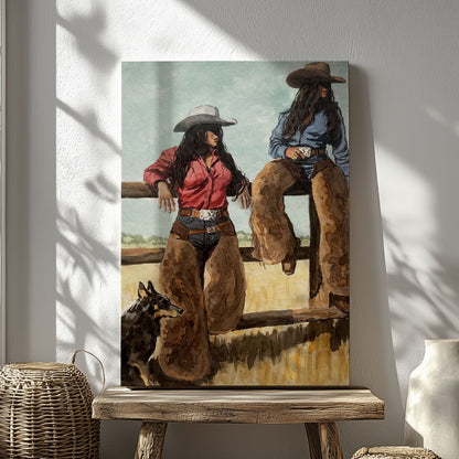 Western Cowgirl Sisters Canvas Print, Rustic Tavern Bar Wall Decor