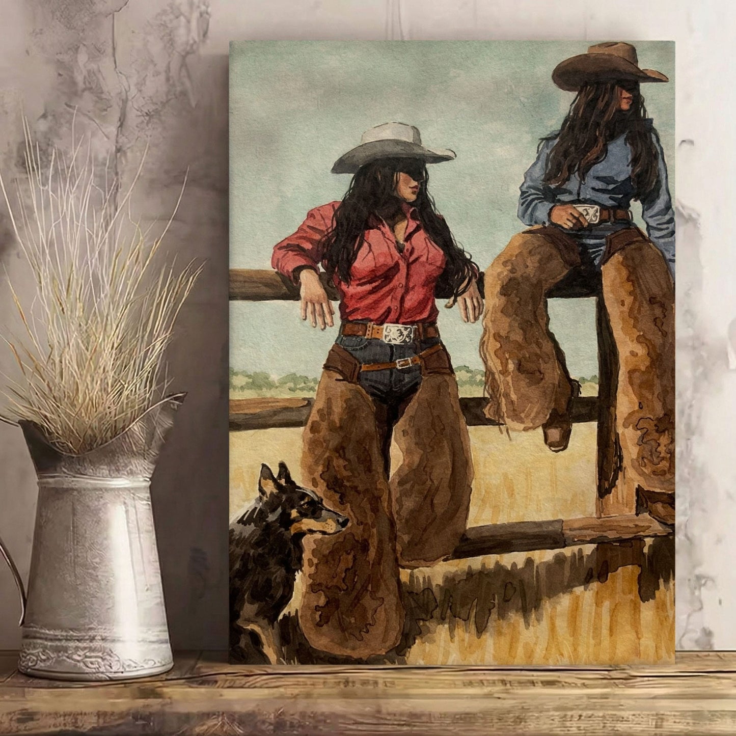 Western Cowgirl Sisters Canvas Print, Rustic Tavern Bar Wall Decor