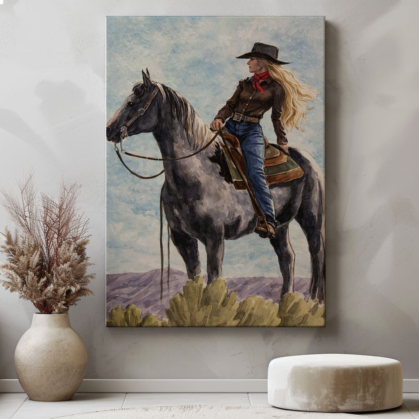 Cowgirl on Horse Canvas Wall Art, Western Bar Decor
