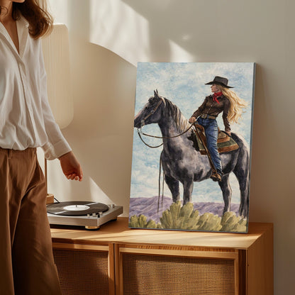 Cowgirl on Horse Canvas Wall Art, Western Bar Decor
