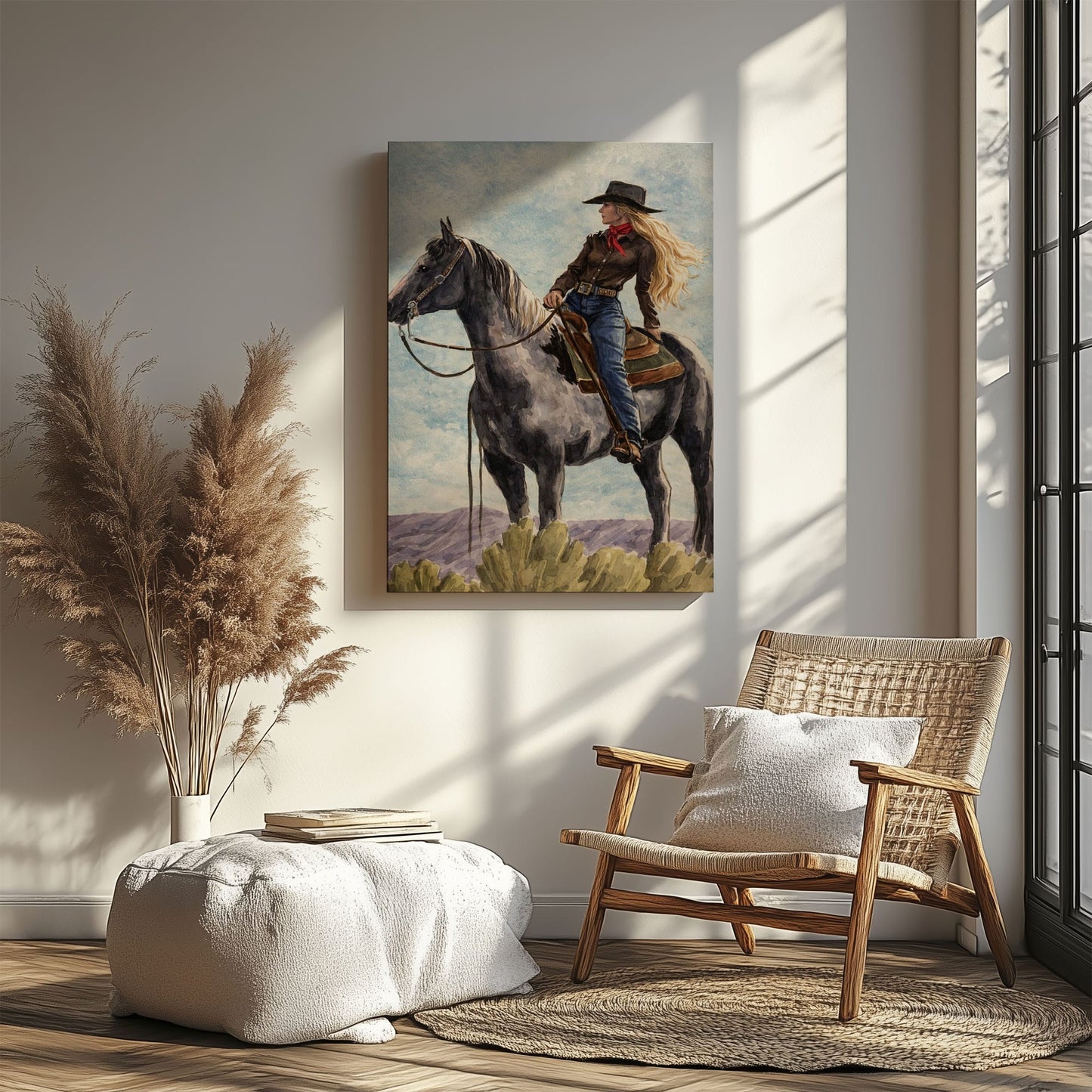 Cowgirl on Horse Canvas Wall Art, Western Bar Decor