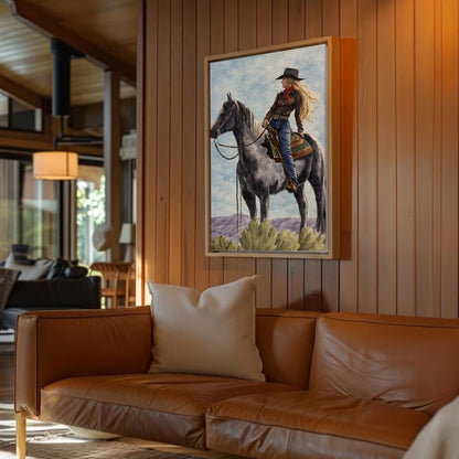 Cowgirl on Horse Canvas Wall Art, Western Bar Decor