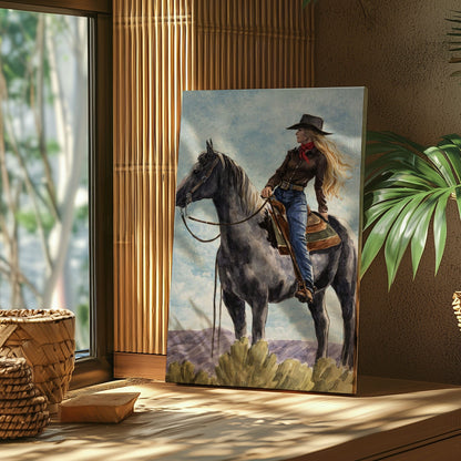 Cowgirl on Horse Canvas Wall Art, Western Bar Decor