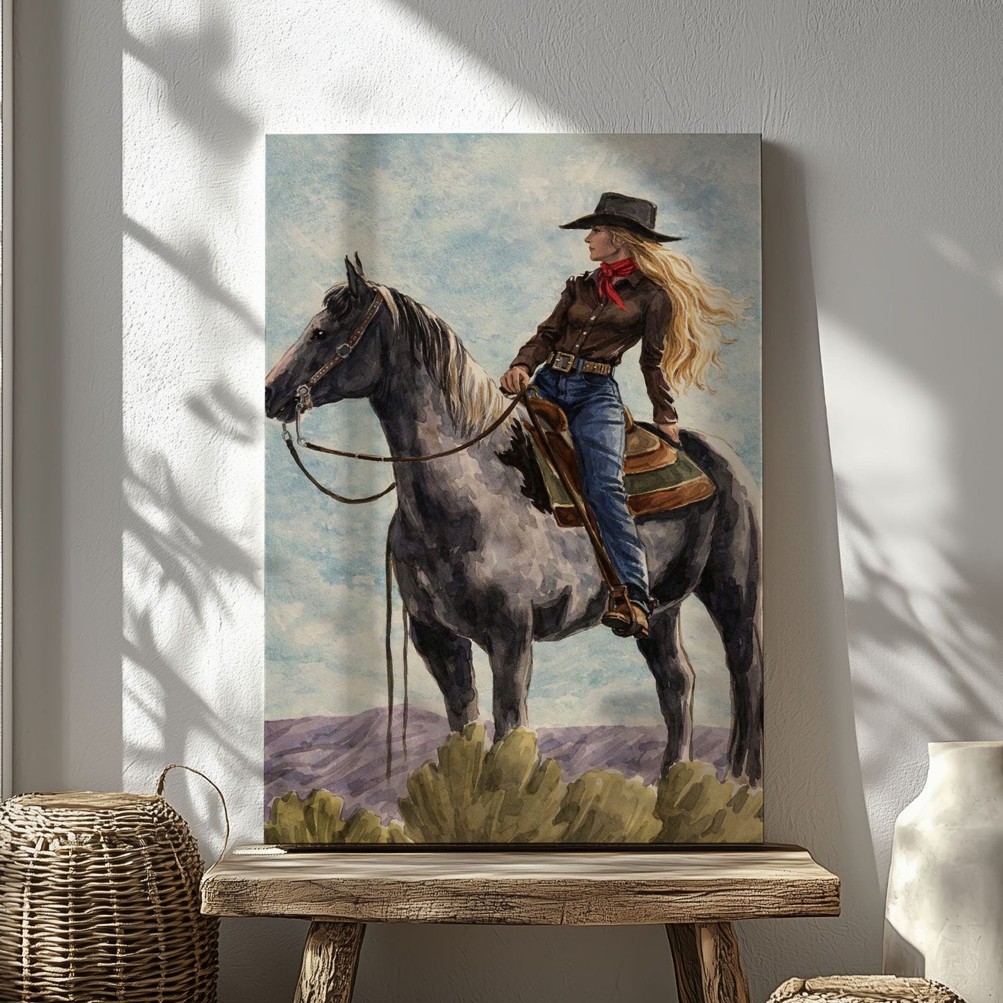Cowgirl on Horse Canvas Wall Art, Western Bar Decor
