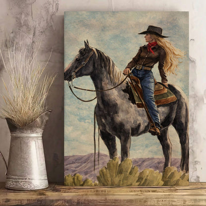 Cowgirl on Horse Canvas Wall Art, Western Bar Decor