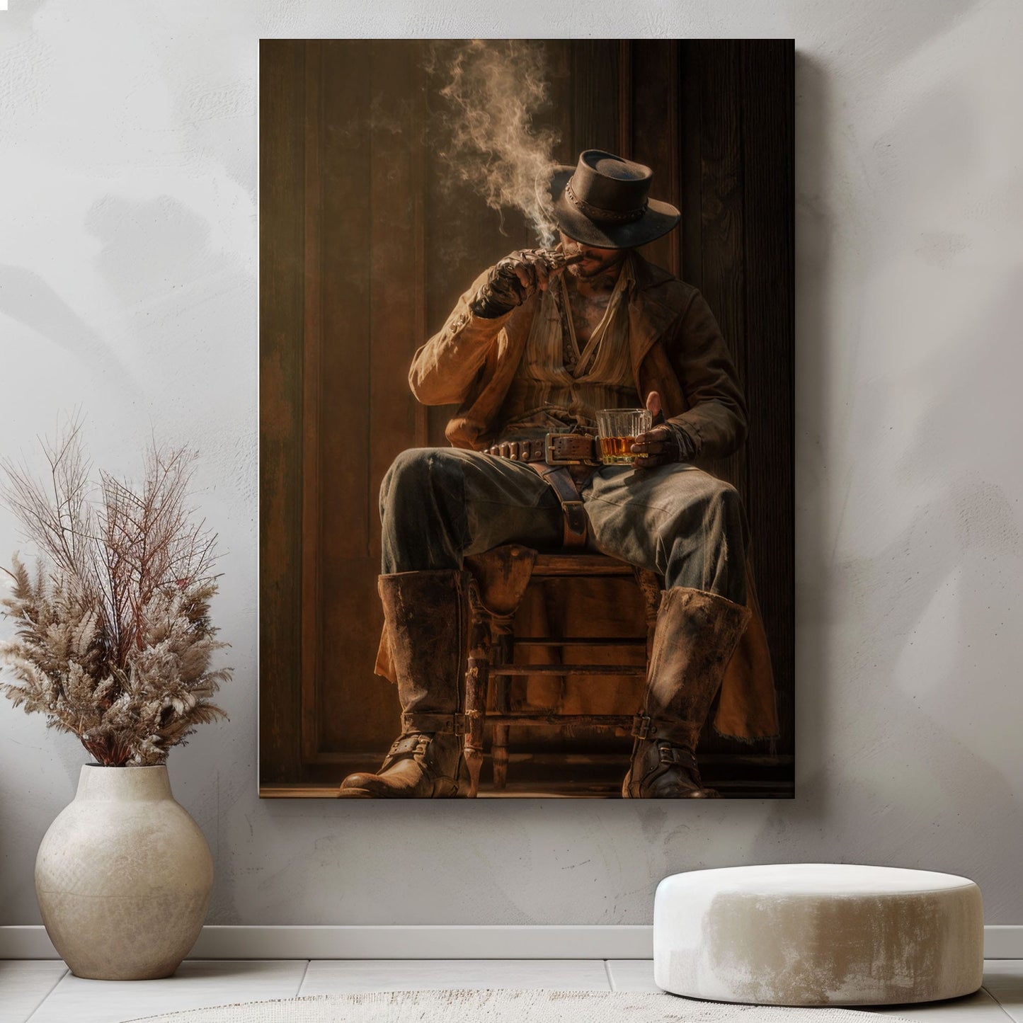 Western Cowboy Whiskey Canvas Wall Art, Rustic Saloon Bar Decor