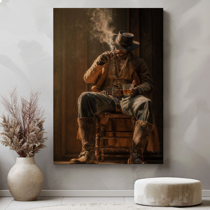 Western Cowboy Whiskey Canvas Wall Art, Rustic Saloon Bar Decor
