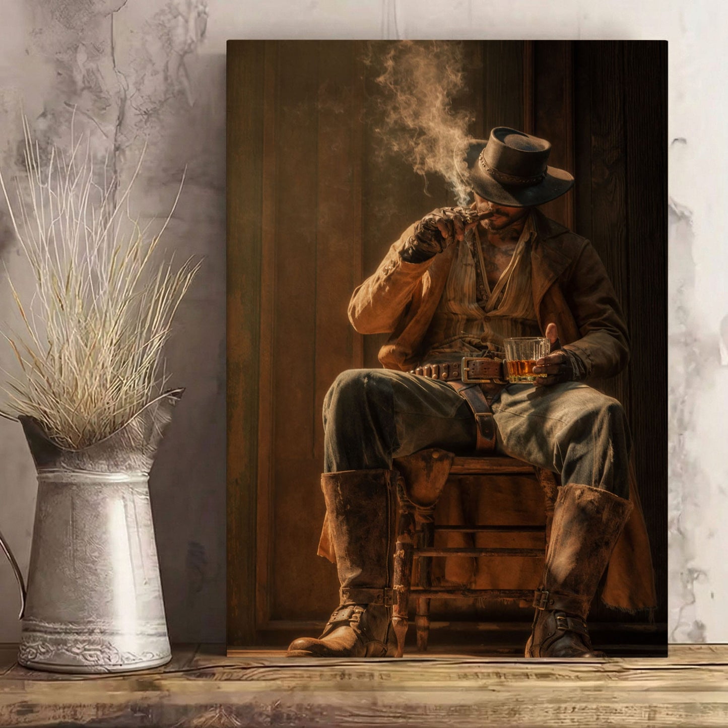 Western Cowboy Whiskey Canvas Wall Art, Rustic Saloon Bar Decor