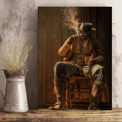 Western Cowboy Whiskey Canvas Wall Art, Rustic Saloon Bar Decor