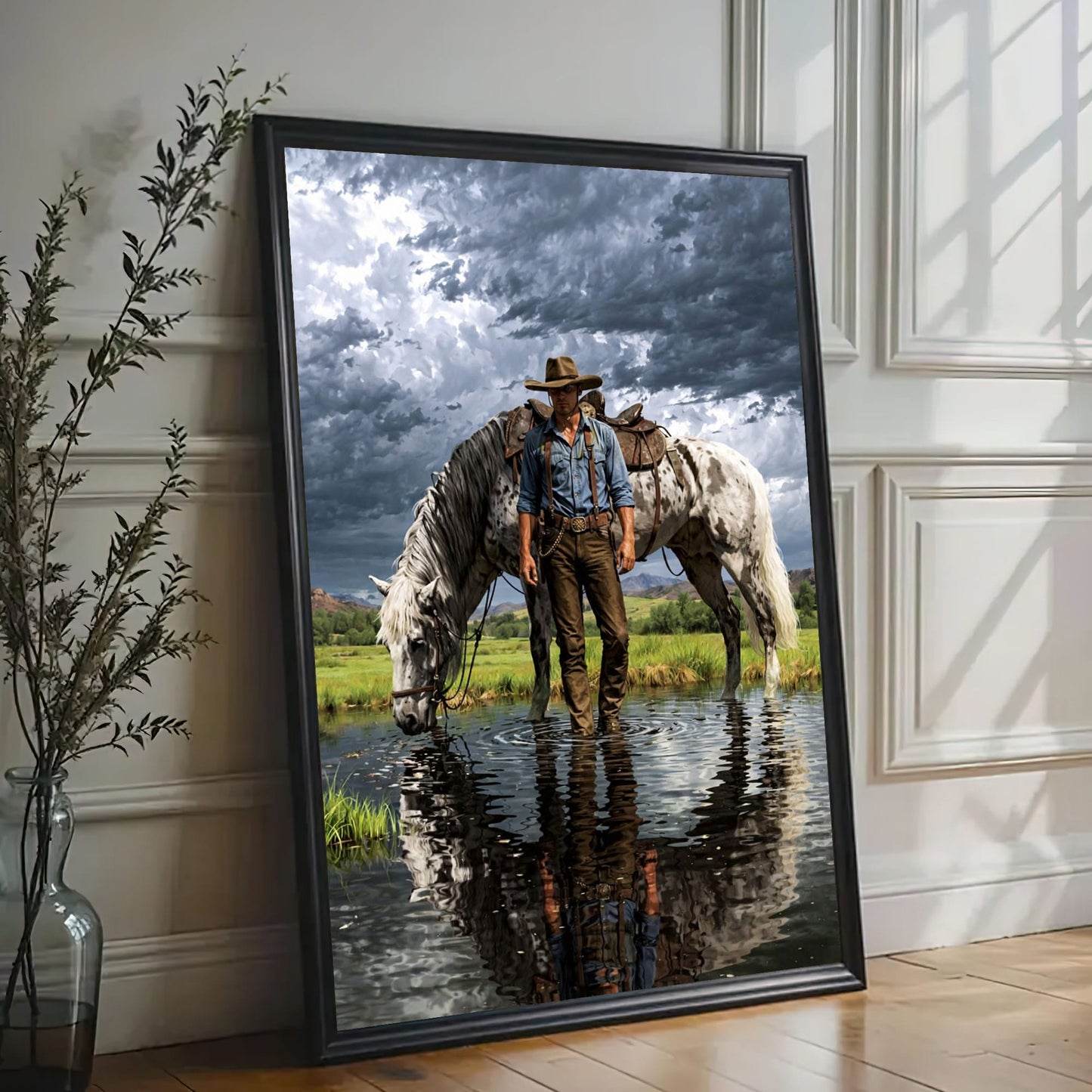 Cowboy Standing in Water Canvas Print, Appaloosa Horse Western Wall Art
