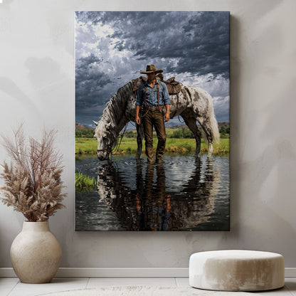 Cowboy Standing in Water Canvas Print, Appaloosa Horse Western Wall Art