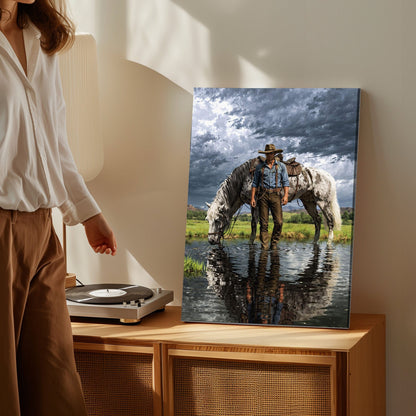 Cowboy Standing in Water Canvas Print, Appaloosa Horse Western Wall Art