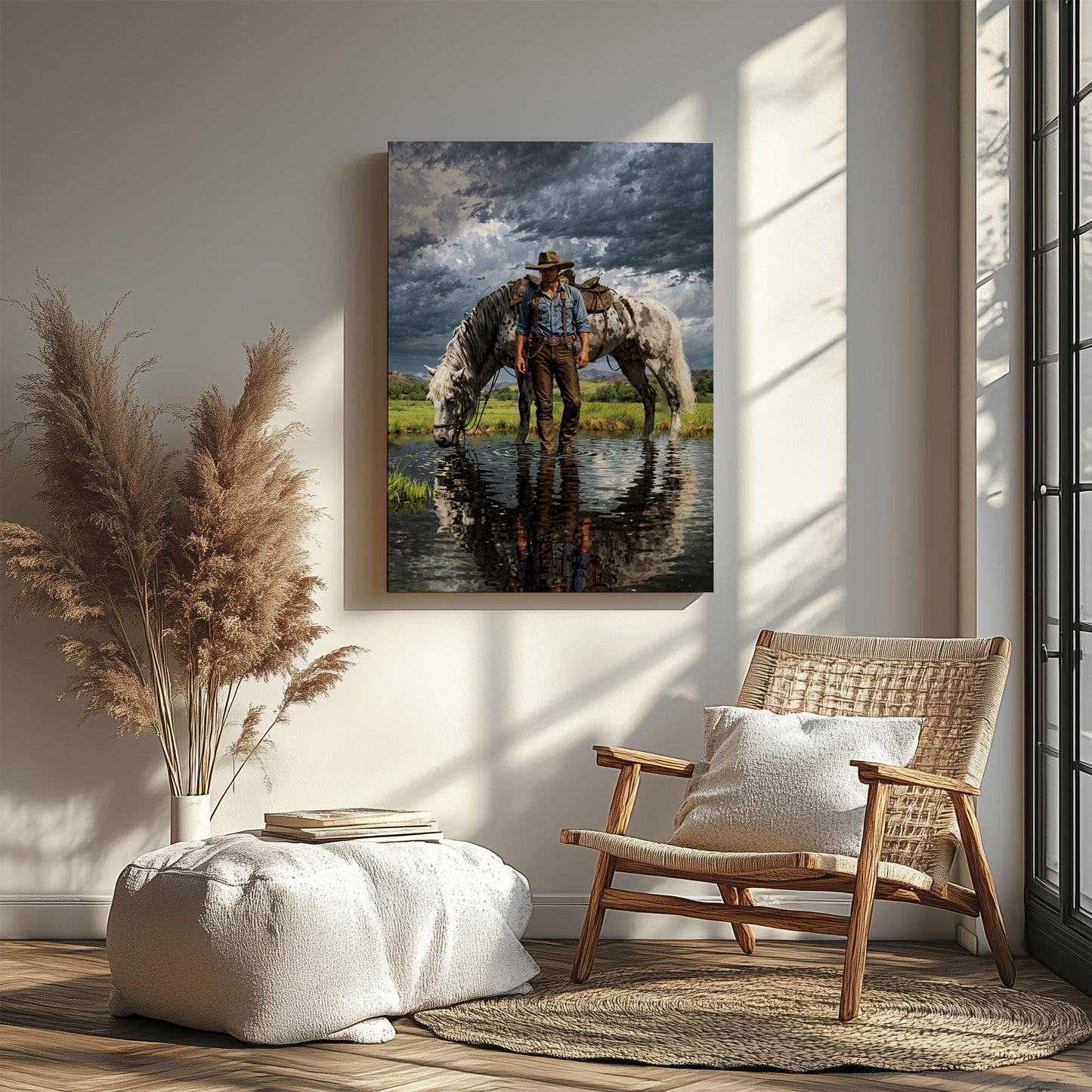 Cowboy Standing in Water Canvas Print, Appaloosa Horse Western Wall Art