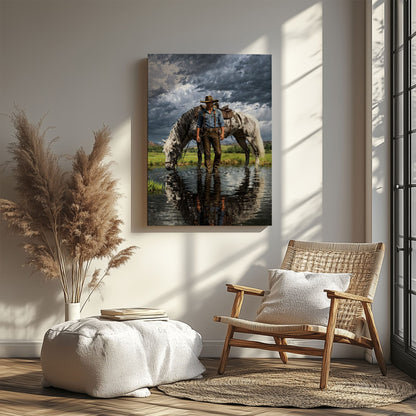 Cowboy Standing in Water Canvas Print, Appaloosa Horse Western Wall Art