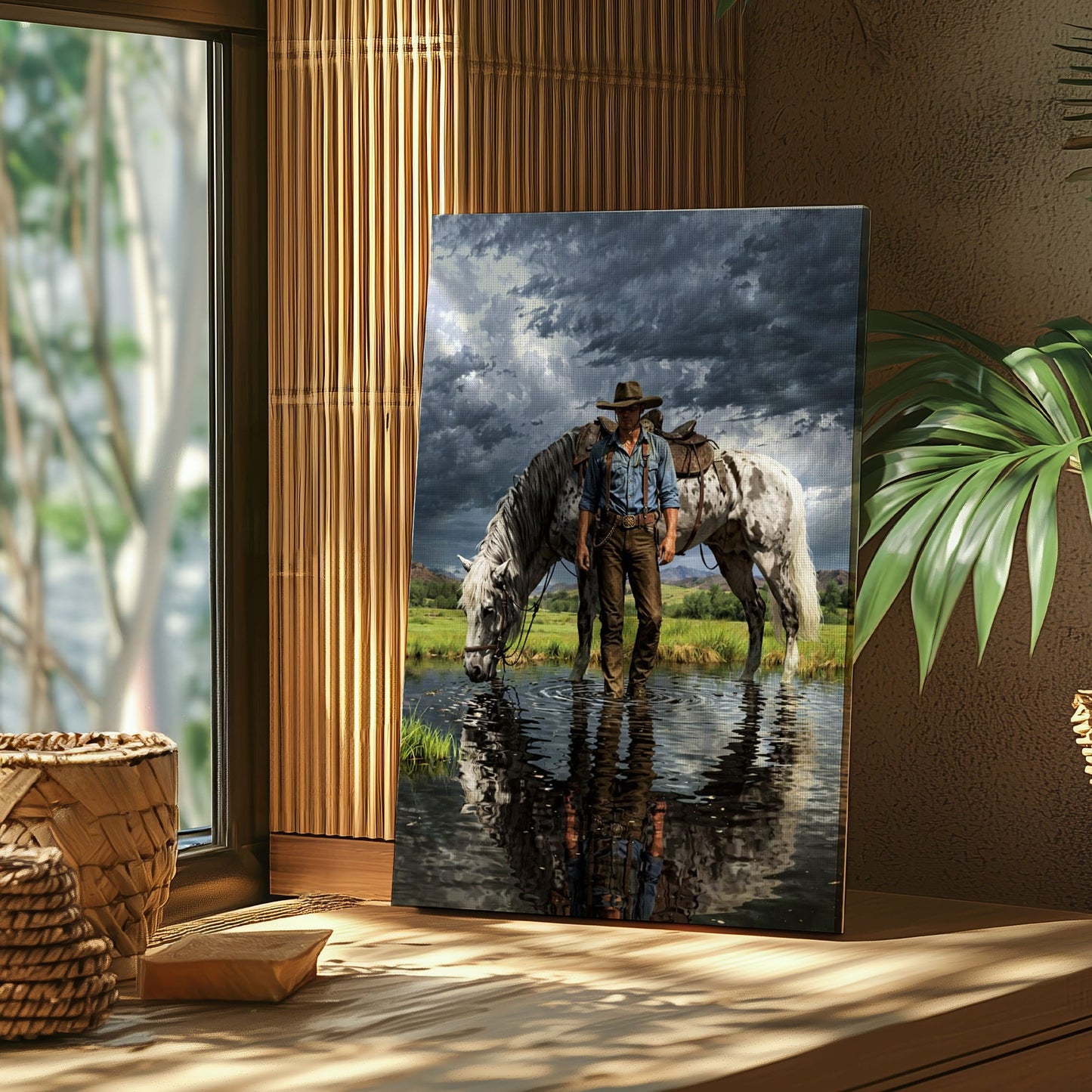 Cowboy Standing in Water Canvas Print, Appaloosa Horse Western Wall Art