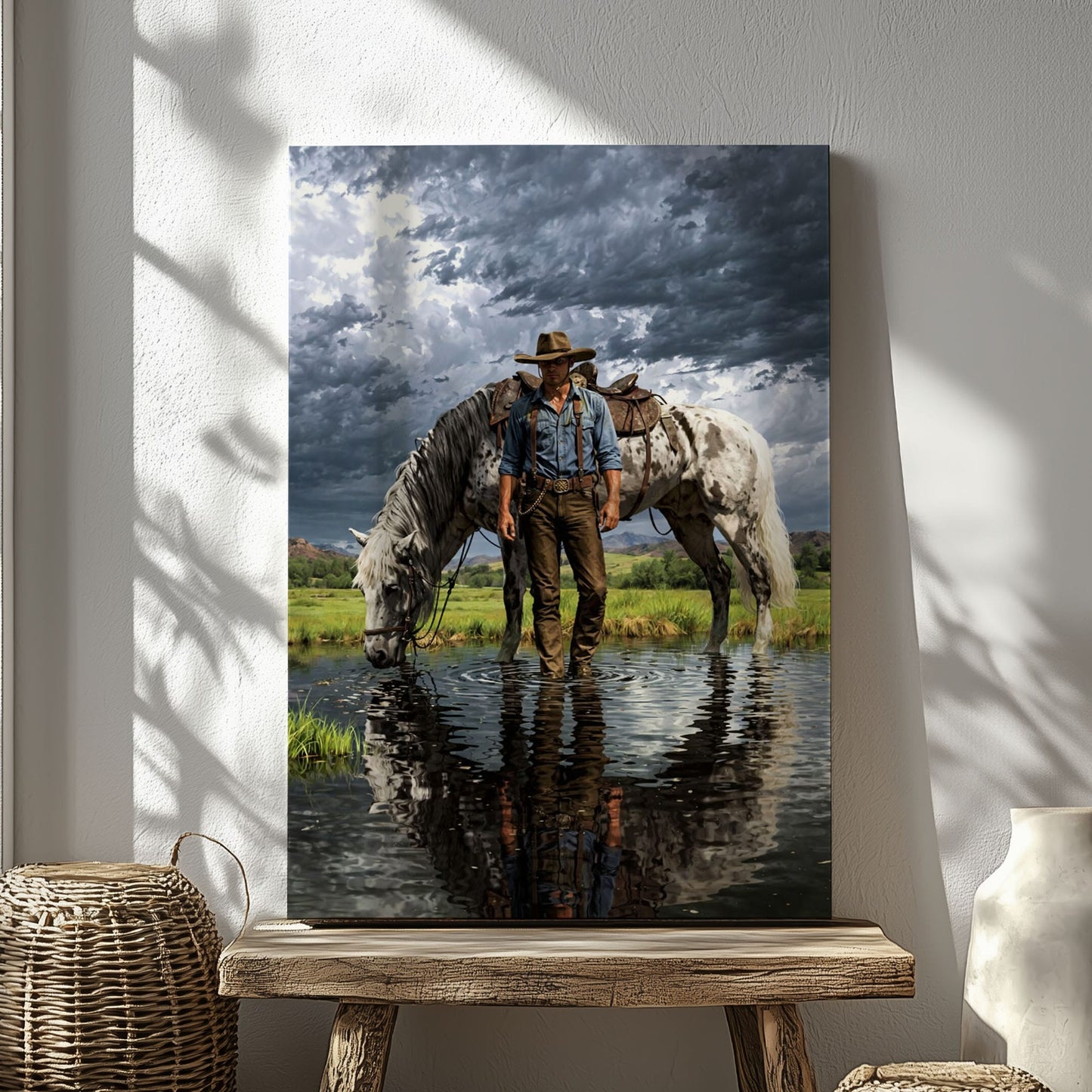 Cowboy Standing in Water Canvas Print, Appaloosa Horse Western Wall Art