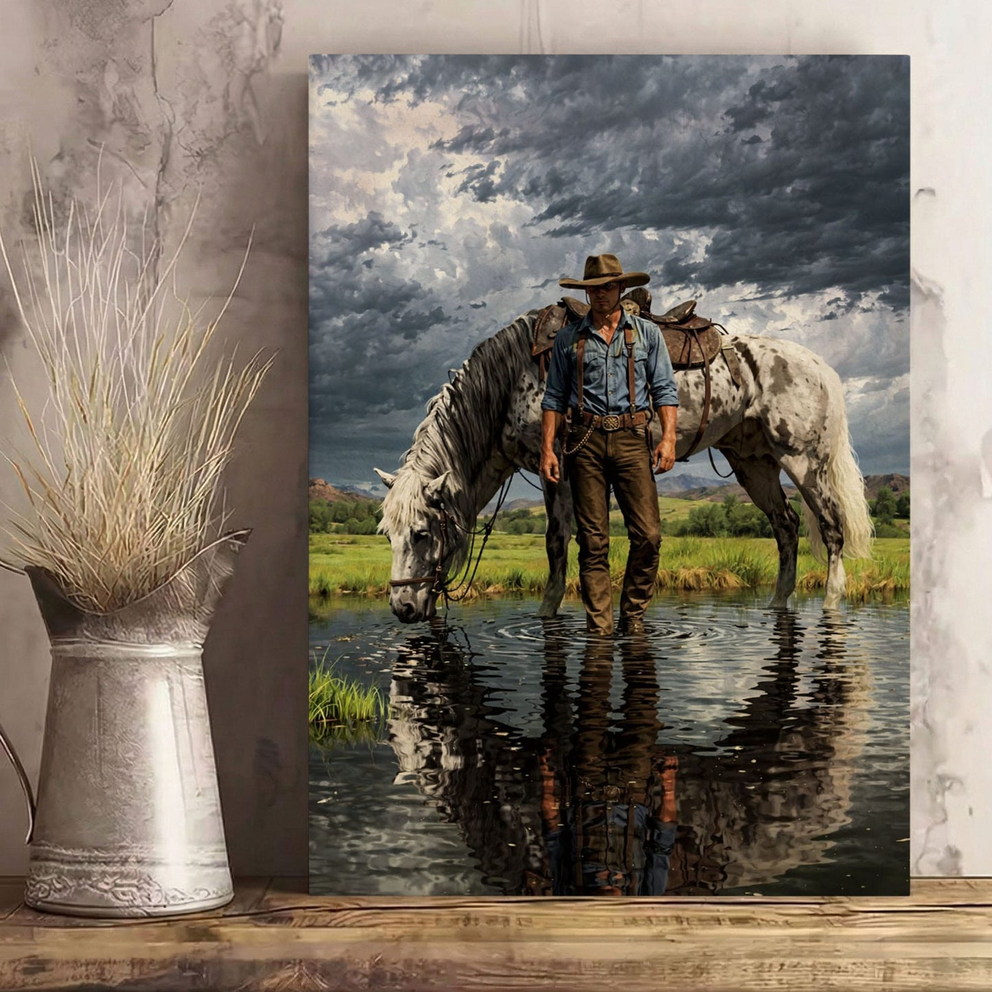 Cowboy Standing in Water Canvas Print, Appaloosa Horse Western Wall Art
