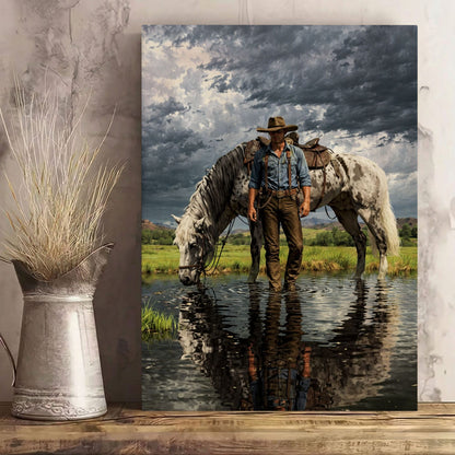 Cowboy Standing in Water Canvas Print, Appaloosa Horse Western Wall Art