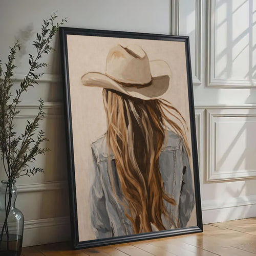 Western Cowgirl Wall Art Canvas, Cowboy Hat Girl Painting, Rustic Bar Decor