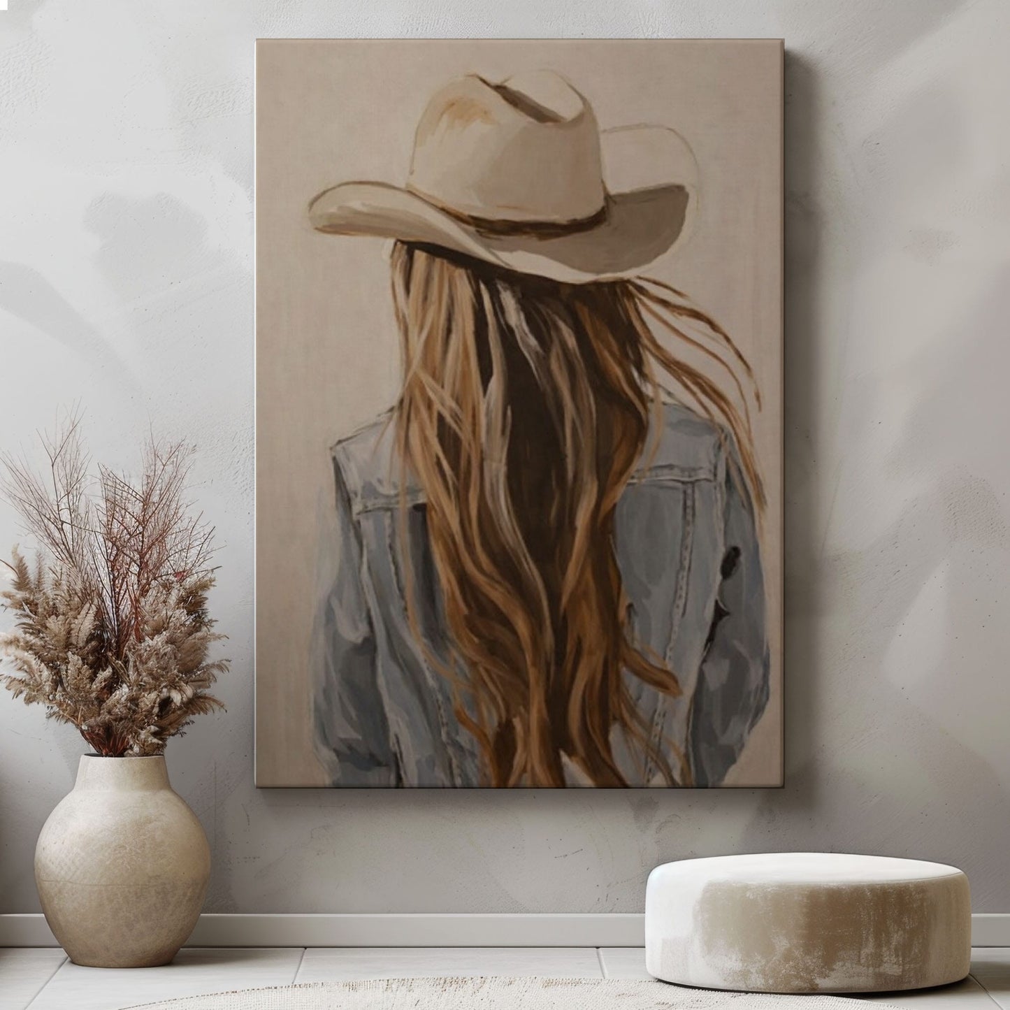 Western Cowgirl Wall Art Canvas, Cowboy Hat Girl Painting, Rustic Bar Decor